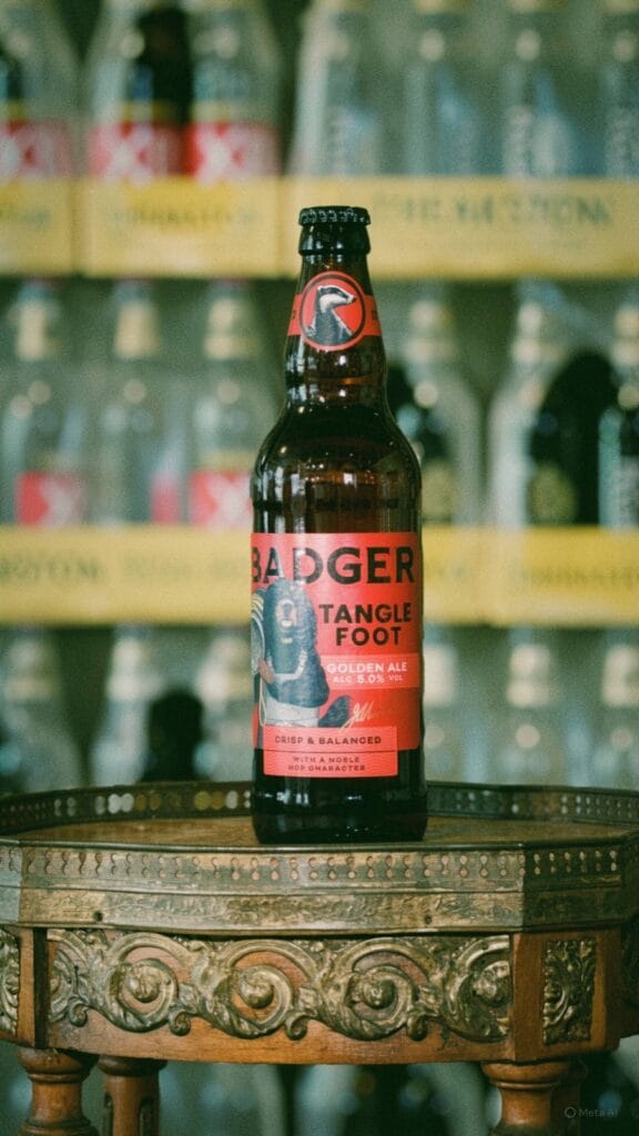 Badger Tanglefoot Golden Ale from Dorset, England, on an antique table at Kronen Badger Tanglefoot Golden Ale from Dorset, England, on an antique table at Kronendal 1713