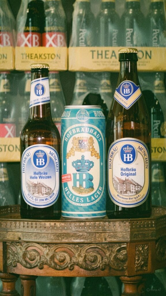 Hofbrau Munchen Hefe Weizen bottle, Helles Lager can and Hofbrau Original bottle Hofbrau Munchen Hefe Weizen bottle, Helles Lager can and Hofbrau Original bottle at Kronendal 1713 in Hout Bay