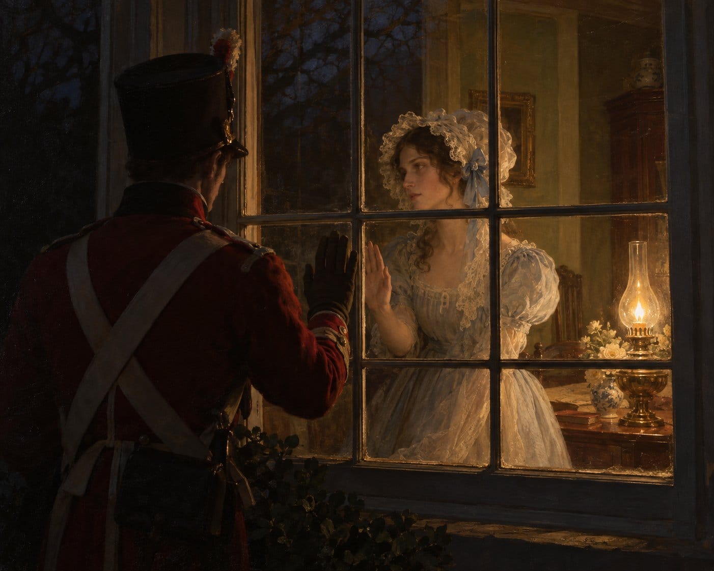 An illustration of the Elsa legend: a British soldier stands outside a lamplit window of Kronendal 1713 at night with his hand against the glass, and a young woman in a pale gown and lace bonnet holds her palm to it from inside